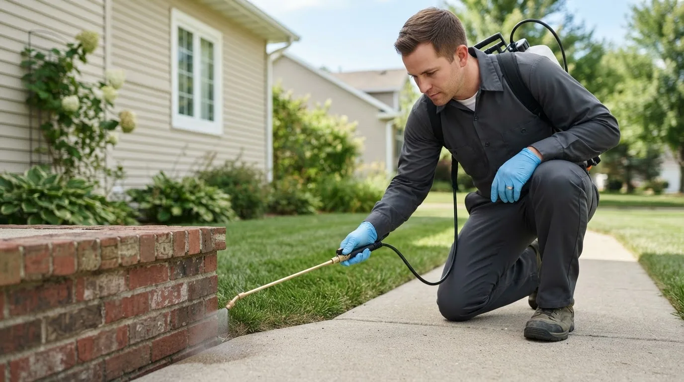 Pest control technician treating a home near Queen, PA