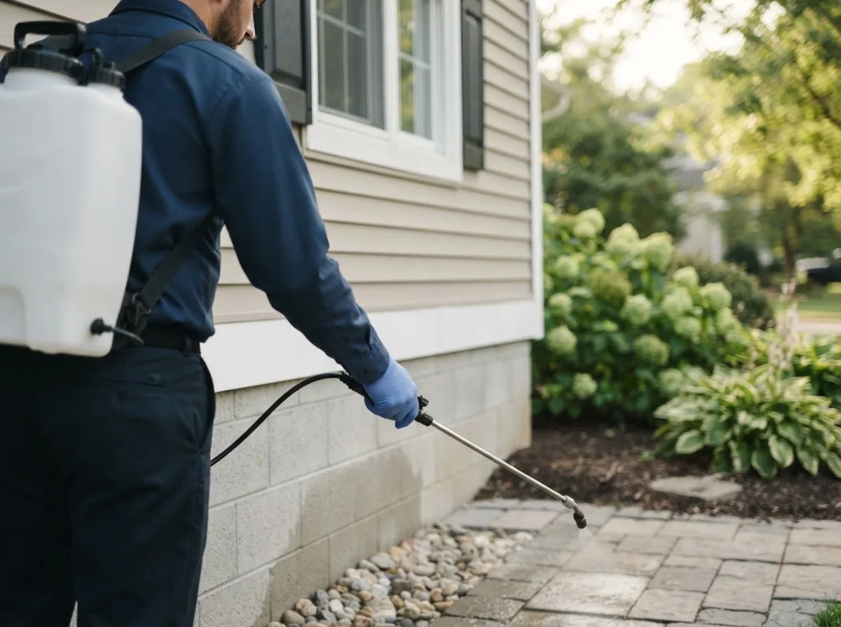 Pest control technician inspecting a home in Queen, PA